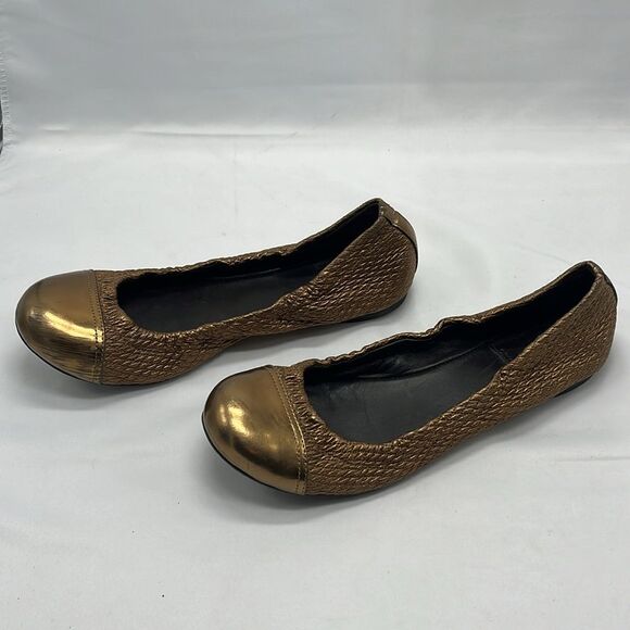 Metallic Gold Tory Burch Quilted Ballet Flats - Picture 10 of 11